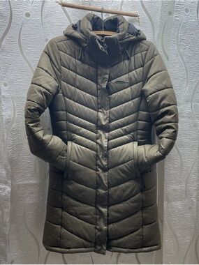 Long Quilted Hooded Puffer Coat in Olive